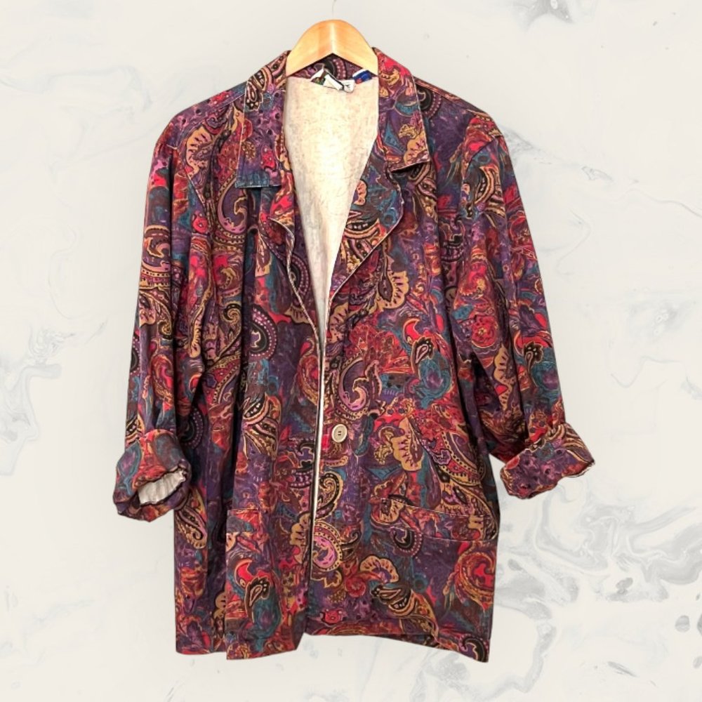 Vintage ON THE VERGE Women's Blazer Over Size Jacket Size M Pocket Denim Print - Picture 1 of 10